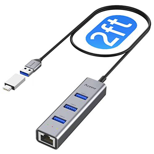 Aceele 4 in 1 USB C to 랜포트, 3 포트 USB 3.0 허브 10/ 100/ 1000 기가비트 이더넷, RJ45 기가비트 어댑터 2ft 롱 케이블, 지원 윈도우 XP, 맥북 프로, 서피스 프로, 리눅스, 크롬북