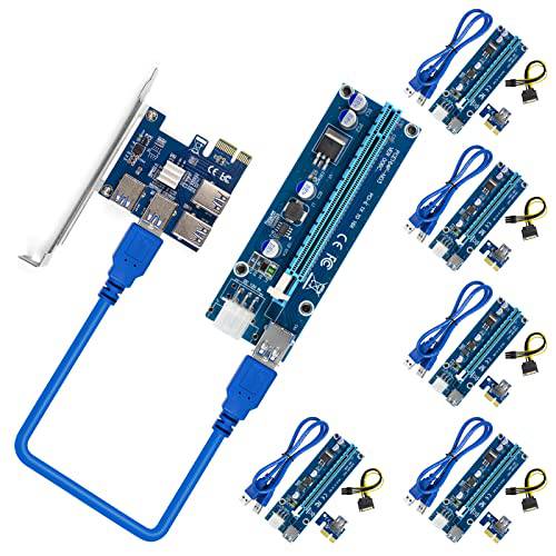 [1PC] PCIE 1 to 4 어댑터 라이저 카드& [6 Pcs] PCI-E 라이저 VER 006C 6 핀 16x to 1x 전원 어댑터 카드 USB 3.0 연장 케이블& 6-Pin PCI-E to SATA 파워 케이블 Bitcoin Ethereum 마이닝