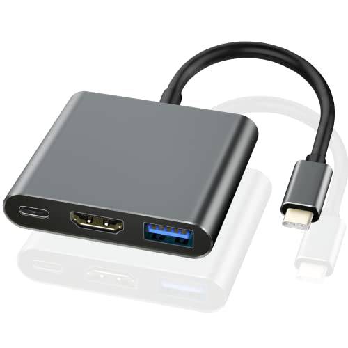 USB C to HDMI 어댑터, 3-in-1 USB-C/ 타입 C to HDMI 4K 비디오 컨버터, 변환기, USB C 허브 USB 3.0 포트/ USBC 고속충전 포트, HDMI 도크 멀티포트 호환가능한 맥북 프로 맥북 에어