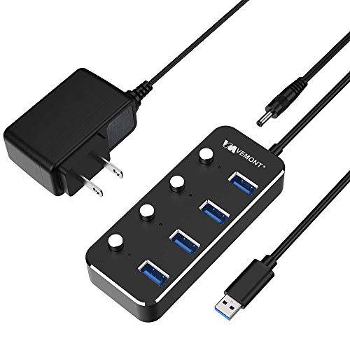 VEMONT 전원 USB 허브, 알루미늄 4-Port USB 3.0 허브 5V/ 2A 파워 어댑터 and 개인 on/ Off 스위치, USB 충전 허브 4ft/ 1.2m 롱 케이블 연장 노트북 PC 컴퓨터 and More