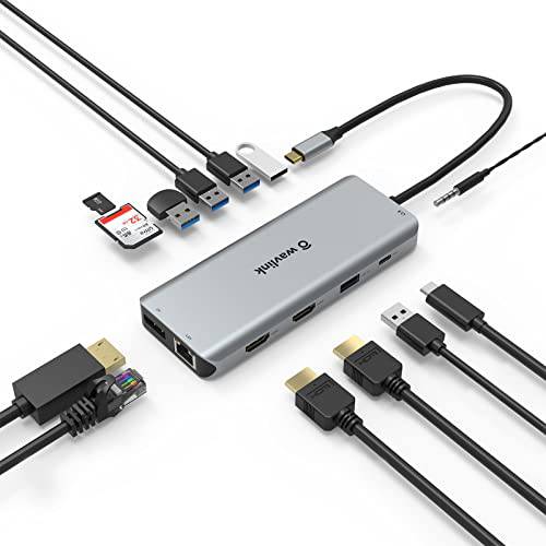 USB C 허브, WAVLINK USB C 탈부착 스테이션 13-in-1 USB C to 듀얼 HDMI DisplayPort,DP 어댑터 호환가능한 맥북 프로, USB C 노트북 (4K HDMI 디스플레이, 87W PD, 이더넷, USB3.0 SD/ TF 카드 리더, 리더기, 마이크/ 오디오)