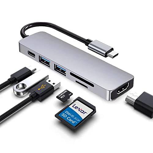 HAMTOD USB C 허브, USB-C 허브 6-in-1,  4K HDMI USB 3.0 SD/ TF 카드 리더, 리더기 USB C to HDTV 어댑터, 60W PD 타입 C 어댑터 호환가능한 맥북 프로, 노트북 Mac OS XPS, PC,  플래시드라이브, 휴대용 HDD-Grey
