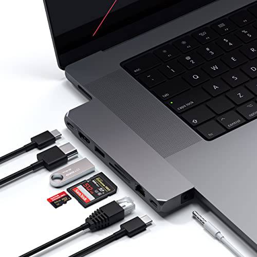Satechi 프로 허브 맥스 어댑터 - USB4, USB-A 데이터, USB-C 데이터, 기가비트 이더넷, SD/ 마이크로 SD 포트 and 오디오 잭 - 호환가능한 맥북 프로 M1 프로& M1 맥스, 2020 맥북 에어/ 프로 M1 (스페이스 그레이)