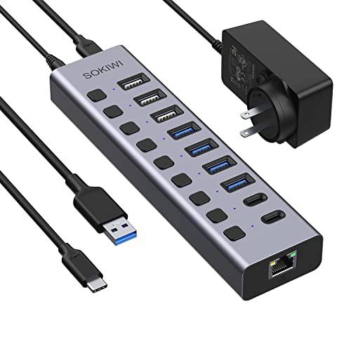 전원 USB 3.0 USB C 허브, 알루미늄 USB 10 포트 이더넷, 12V/ 5A AC 어댑터, 3 USB 충전 포트, 4 USB 3.0, 2 USB C, 개인 on/ Off 스위치