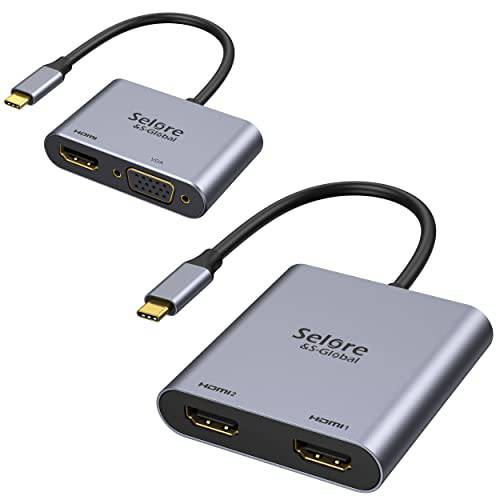 2-in 1 USB C to 듀얼 HDMI 어댑터, USB C to HDMI+ VGA 어댑터 Dell XPS 13/ 15, 맥북 프로/ 에어 2021-2016, HP, etc