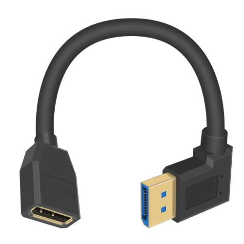 Poyiccot 직각 DisplayPort,DP 1.4 케이블, 90 도 DisplayPort,DP 연장 케이블 (8K/ 60Hz, 4k/ 144Hz), 숏 DisplayPort,DP Male to Female DP 1.4 케이블 케이블, 디스플레이 포트 32.4Gbps PC, 노트북, 15cm