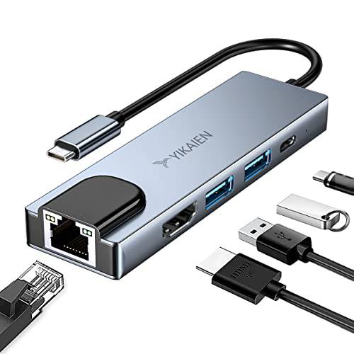 USB C 허브, YIKAIEN 5 포트 USB 타입 C to 이더넷 HDMI USB 3.0 타입 C 포트 허브 어댑터 호환가능한 맥북 프로 에어 아이맥 삼성 갤럭시 노트 LG 크롬북 Pixelbook Dell XPS 오큘러스 리프트