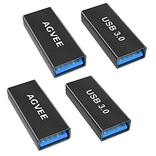 AGVEE [4 팩] USB-A 3.0 Female to USB-A 3.0 Female 어댑터, USB 3.0 컨버터, 변환기 커플러 연장 확장기 커넥터, 블랙
