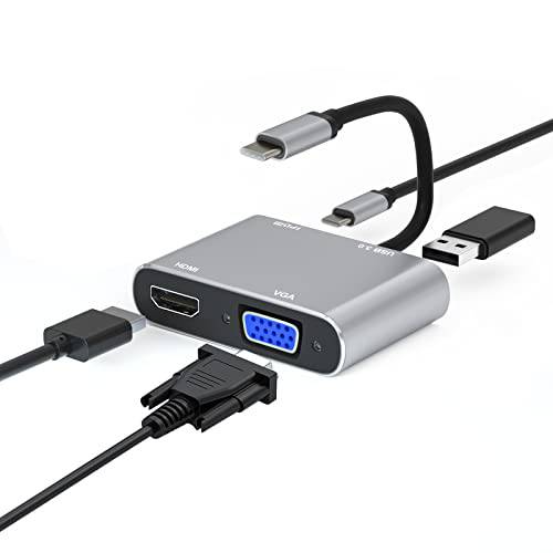 USB-C to HDMI VGA 멀티포트 어댑터 4in1 허브 VGA 1080P HDMI 4K@30Hz USB3.0 PD65W 충전 호환가능한 아이패드 프로 16-20/ 맥북 에어 16-20/ 맥북 프로 16-20/ 삼성 갤럭시 S8-21/ 서피스 Pro7