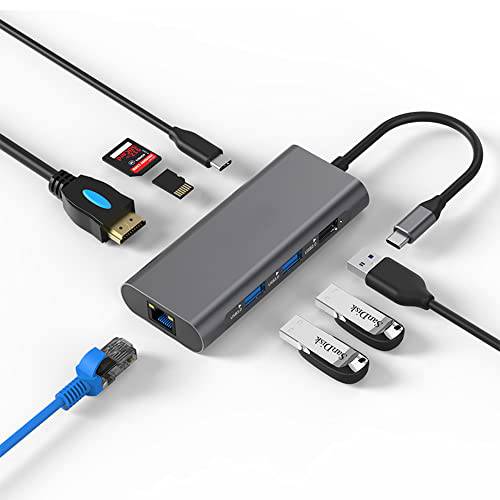 navor 8-in-1 USB C 허브, USB Type-C 동글 HDMI 4K@60Hz, 2 USB 3.0 포트, 1 USB 2.0 포트, 1 PD, TF/ SD 카드 슬롯, RJ45 랜 포트, 호환가능한 맥북 (Above 2016), 화웨이, 삼성 and More