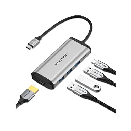 USB C 허브 4K 30Hz, VENTION USB C 멀티포트 어댑터 5-in-1 4K HDMI, 100W 파워 Delivery, 3 USB 3.0 데이터 포트 맥북 프로/ 에어 M1 2020, 아이패드 프로 2021, 아이패드 미니 6, 서피스 프로 and More