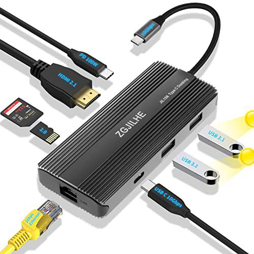 8K @30Hz USB3.1 C 허브, ZGJILHE 8-in-1 USB-C 허브 어댑터 동글 HDMI 2.1, PD-100W, 1000M 이더넷 USB C 노트북, 맥북 프로/ 에어 2020/ 2019, 아이패드 프로, XPS& More