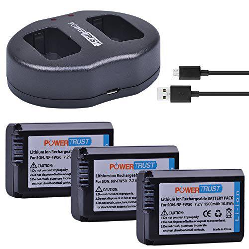 PowerTrust 3-Pack NP-FW50 배터리 and FW50 이중 USB 충전 for 소니 Alpha A6500, A6300, A6000, A7, A7II, A7SII, A7S, A7S2, A7R, A7R2, A7RII, A55, A5000 A5100, RX10, RX10II 카메라