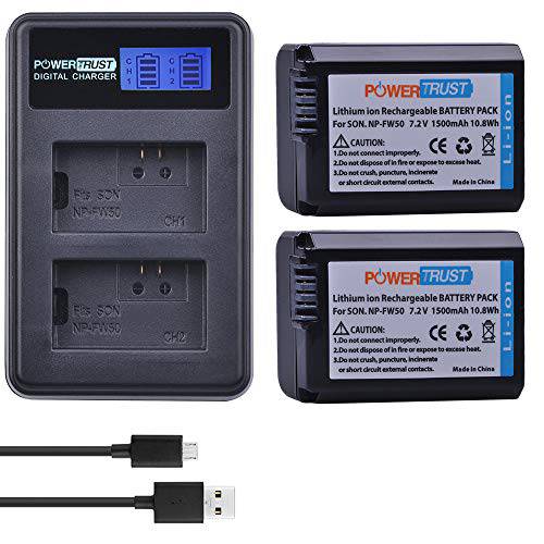 PowerTrust NP-FW50 2-Pack 교체용 배터리 and LCD 이중 USB 충전 for 소니 Alpha a6500, a6300, a6000, NEX-7, NEX-5N, NEX-F3, NEX-3D, NEX-3DW, NEX-3K, NEX-5C, NEX-5DB, Alpha 7R II 카메라