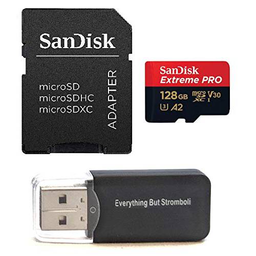 SanDisk 128GB 미니 SDXC Extreme 프로 메모리 카드 번들,묶음 Works with 고프로 히어로 7 Black, Silver, Hero7 화이트 UHS-1 U3 A2 with (1) Everything But Stromboli (TM) 미니 카드 리더,리더기