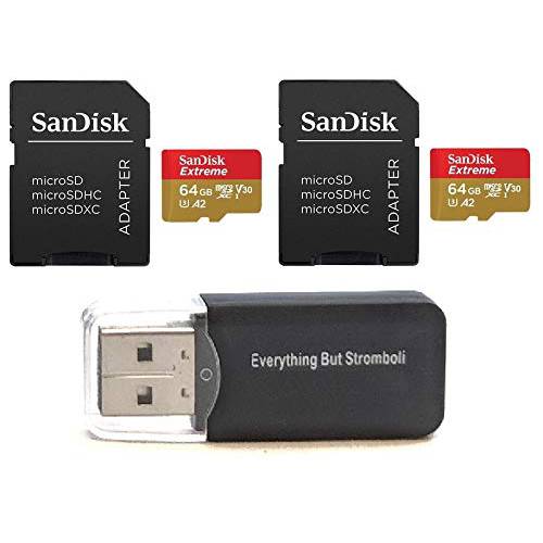 SanDisk 64GB 미니 SDXC Extreme 메모리 카드 (Two Pack) SDSQXA2-064G-GN6MN Works with 고프로 히어로 7 Black, Silver, Hero7 화이트 UHS-1 U3 A2 번들,묶음 with (1) Everything But Stromboli 미니 카드 리더,리더기