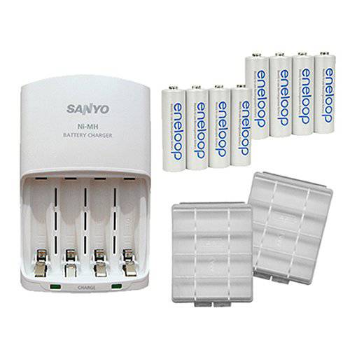 Sanyo eneloop 8 팩 AA 2000mAh Pre-Charged NiMH 충전식 Batteries and 충전 with 2 AA 배터리 케이스 Kit for 디지털 캠 and 플래시