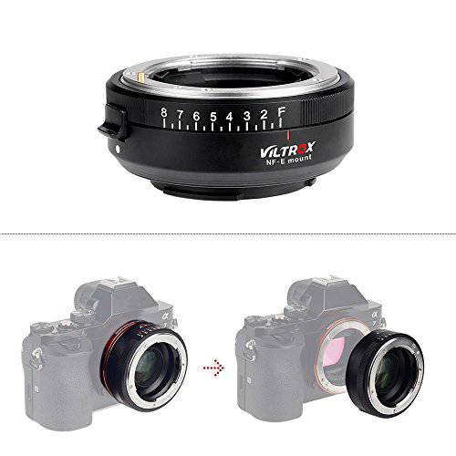 VILTROX NF-E Manual-Focus F 마운트 렌즈 어댑터 to 소니 E 마운트 카메라 바디 a7/ a7s/ a7r, Enlarge 조리개
