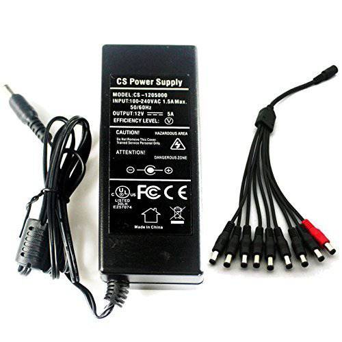 AC 100-240V to DC 12V 5A 파워 서플라이 어댑터 변환 5.5mm x 2.1mm with 8 웨이 분배기 케이블 and 파워 케이블 for CCTV 카메라 DVR NVR Led 라이트 Strip UL Listed FCC