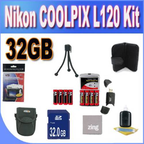 BVI Nikon COOLPIX L120 32GB 부속물 절약형 Kit(32GB SDHC 메모리 Card+ 2 Sets 4 NIMH 충전식 AA Batteries+ 래피드 배터리 충전기+  부속물 Kit)