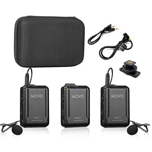 Movo WMX-1-DUO 2.4GHz 이중 무선 Lavalier 마이크,마이크로폰 시스템 호환가능한 with DSLR Cameras, Camcorders, iPhone, 안드로이드 Smartphones, and 태블릿 (200’ ft 오디오 범위) - 큰 for 강의 Tutorials