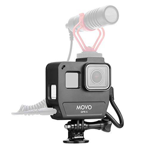 Movo GPR-5 미디어 하우징 고프로 케이스 호환가능한 고프로 히어로 5, 고프로 히어로 6, 고프로 히어로 7 - 기능 콜드 신발 마운트 마이크 or 라이트 - 액션 카메라 케이스 사용 고프로 마이크 어댑터