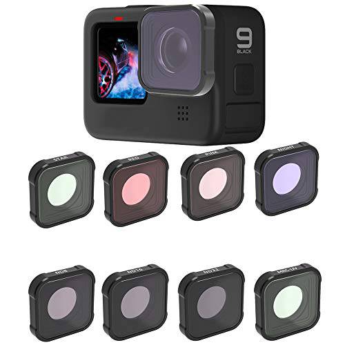 QKOO  필터 고프로 히어로 9 블랙 - ND8/ 16/ 32, UV, 나이트, 스타, 다이빙 레드/ 핑크 렌즈 필터 세트 (Directly 교체용 The 스탠다드 보호 렌즈 On Your 카메라)