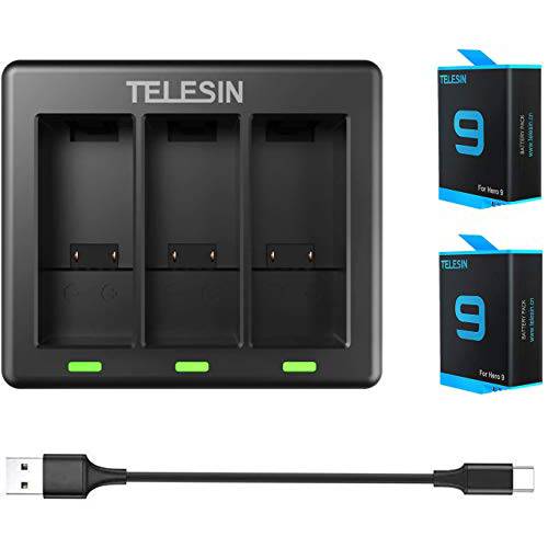 TELESIN 히어로 9 배터리 and 3-Channel LED USB 충전기 호환가능한 히어로 9 블랙, 완전 호환가능한 Original, 오리지날 ( 충전기+ 2×Batteries)