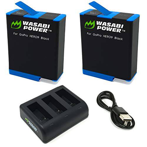 Wasabi Power HERO9 배터리 (2-Pack) and USB 트리플 충전기, High-Speed 3-Channel 충전기 고프로 히어로 9 블랙 (완전 호환가능한 고프로 히어로 9 Original 배터리 and 충전기)