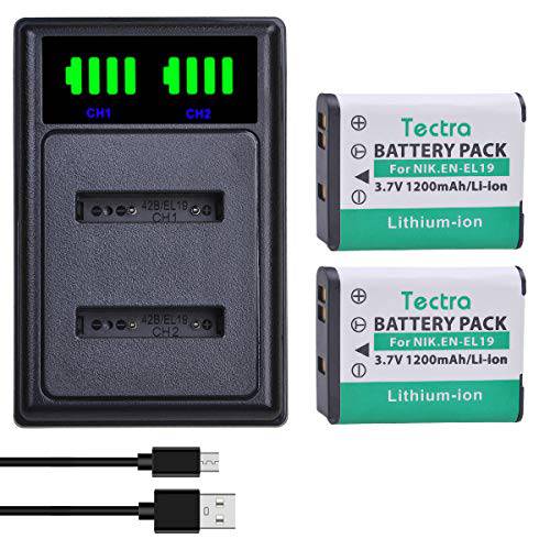 Tectra 2X EN-EL19 배터리 and LED 듀얼 USB 충전기 니콘 쿨픽스 A300, W100, W150, S3100, S3200, S3300, S3500, S3600, S3700, S4100, S4200, S4300, S5200, S6400, S6500 카메라
