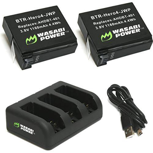 Wasabi Power HERO4 배터리 (x2) and USB 트리플 충전기 고프로 AHDBT-401, 히어로 4