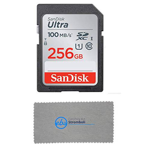 SanDisk SD 울트라 메모리 카드 Works 캐논 EOS M200, M100, M50, M5, M6 미러리스 카메라 (SDSDUNR-GN6IN) 번들,묶음 (1) Everything But 스트롬볼리 마이크로 파이버 천 (Class 10 256GB)
