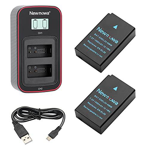 Newmowa EN-EL20 교체용 배터리 (2 팩) and 스마트 LCD 디스플레이 듀얼 USB 충전기 니콘 EN-EL20, EN-EL20a, 니콘 1 J1, 1 J2, 1 J3, 1 S1, 1 V3, 쿨픽스 A, P1000 and 블랙매직 포켓 시네마 카메라