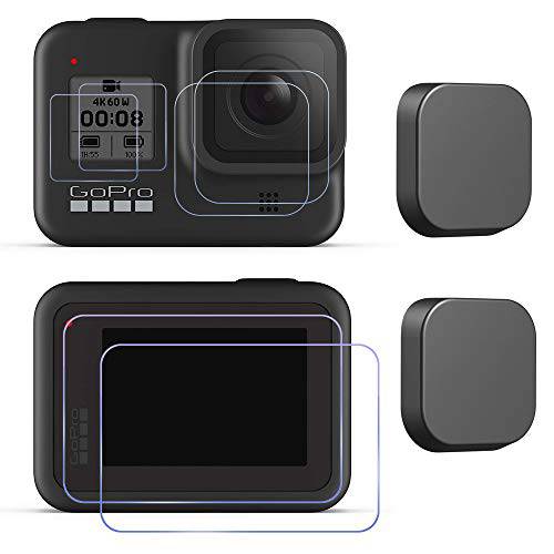 히어로 8 화면보호필름, 액정보호필름 고프로 히어로 8 블랙 액션 카메라+  렌즈 화면보호필름, 액정보호필름+ 실리콘 렌즈 캡 커버 [2 세트], Ultra-Clear 강화유리 커버 Hero8-8Packs