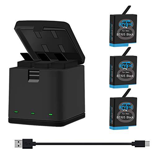 REYTRIC 히어로 8 교체용 배터리 3-Pack and 3-Channel LED USB 충전기 호환가능한 고프로 히어로 8 블랙, 고프로 히어로 7 블랙, 히어로 6 블랙, 히어로 5 블랙, AHDBT-801