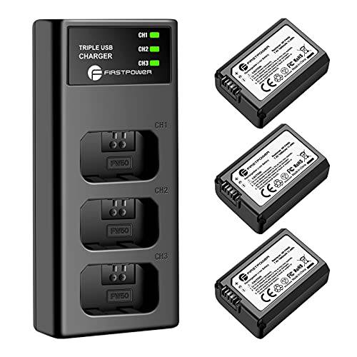 FirstPower NP-FW50 배터리 3-Pack and 트리플 슬롯 충전기 소니 A6000 A6300 A6400 A6500 A7 A7II A7RII A7SII A7S A7S2 A7R A7R2 A5100 A5000 RX10 RX10II