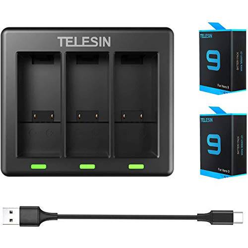 TELESIN 2-Pack 교체용 배터리 (1750mAh) and 3-Channel USB 퀵 충전기 Type-C 케이블 고프로 히어로 9 블랙, 완전 호환가능한 고 프로 9 Original 충전기 and 배터리