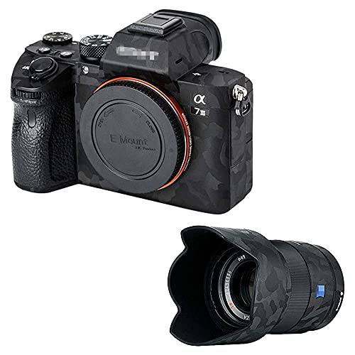 A7III A7RIII+ FE 55mm 1.8: 카메라 바디 커버+  렌즈 스킨 커버 보호 (카모플라쥬 블랙) 소니 FE 55mm F1.8 ZA SEL55F18Z 렌즈 on A7III A7RIII 디지털 카메라