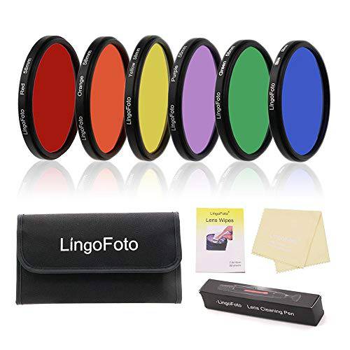 LingoFoto 6pcs 라운드 풀 컬러 렌즈 필터 세트 레드 오렌지 Yellow 그린 블루 퍼플+ 6 포켓 필터 파우치+ 3 렌즈 클리닝 툴 (58mm)