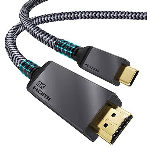 USB C to HDMI 케이블 [8K, 48Gbps], Maxonar 타입 C to HDMI 2.1 어댑터 케이블, 8K@30Hz, 4K@120Hz, HDR, [썬더볼트 4/ 3, USB 4 호환가능한] 아이맥, 맥북 프로/ 에어 M1 2021, 아이패드 프로, 서피스 프로, 6ft