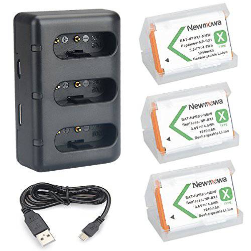 Newmowa NP-BX1 교체용 배터리 (3-Pack) and 3-Channel USB 충전기 세트& Newmowa AGR2 부착식 그립