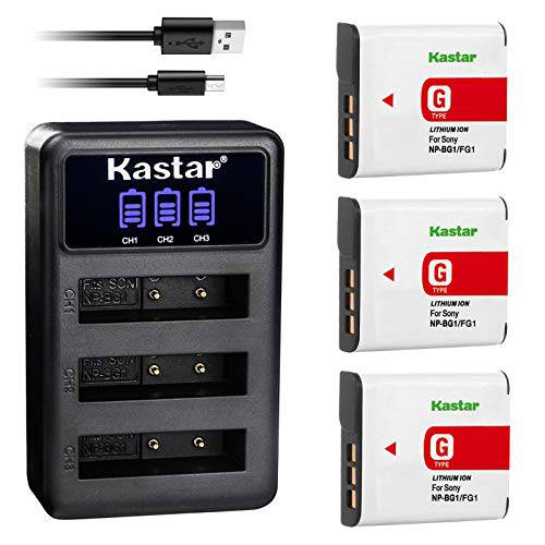 Kastar 3-Pack 배터리+ LCD 트리플 USB 충전기 교체용 소니 NP-BG1 NP-FG1 and Cyber-Shot DSC-W220 DSC-H3 H7 H9 H10 H20 DSC-H50 DSC-H55 DSC-H70 DSC-HX5V DSC-HX7V DSC-HX9V DSC-HX10V DSC-HX30V