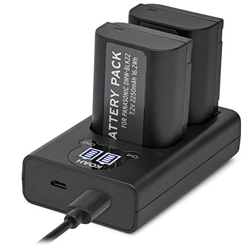 Koah 프로 DMW-BLK22 배터리 (2-Pack) and USB-C LED 듀얼 충전기 키트 (7.2V, 2250mAh)