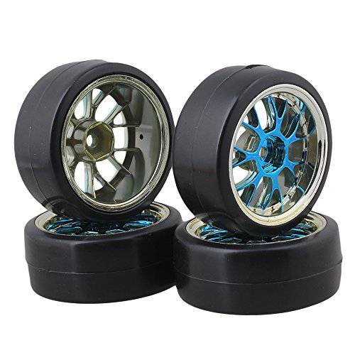 BQLZR Blue 비닐 Y 쉐입 허브 휠 Rim with Smooth Tires for RC 1:10 On-Road 레이싱 자동차& Drift 자동차 Pack of 4