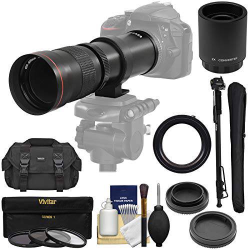 Vivitar 420-800mm f/ 8.3 망원 Zoom 렌즈 (T Mount) with 2x Teleconverter (=1600mm)+  케이스+  모노포드+ 3 필터 Kit for 캐논 EOS DSLR 카메라