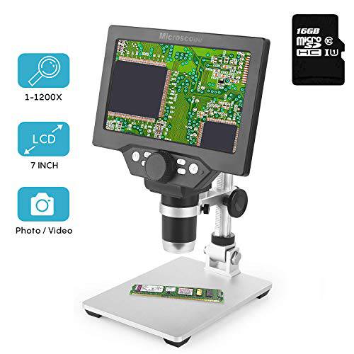 LCD 디지털 현미경 7 in HD 1200X 배율 Zoom 카메라 Video 레코더 앵글 조절가능 Microscope, 8 Lights, Built-in 3000 mAh 배터리 충전식 (7 inches with 16G SD Card)