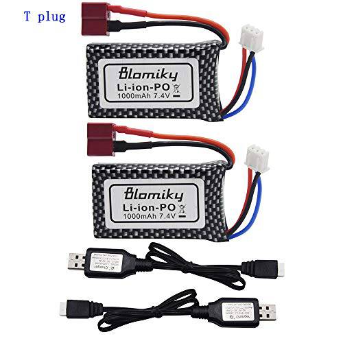 Blomiky 2 Pack 7.4V 2S 30C 1000mAh 6.3Wh 리포 배터리 T Plug and USB 충전 케이블 for HBX 16889 16890 and XLH Q903 Q901 Q902 1/ 16 Scale 브러시리스 레이싱 RC 트럭 Q903 배터리 2