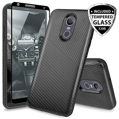 TJS LG Stylo 4 2018 / LG Stylo 4 Plus/LG Q Stylus Case, with [Full Coverage Tempered Glass Screen Protector] Hybrid Shock Absorbing Resistant Case Textured Embossed Lines Hard Plastic PC TPU (Black)