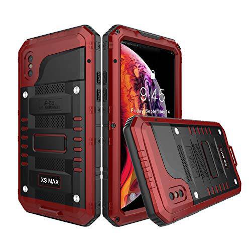 아이폰 Xs 맥스 방수 케이스, Amever 알루미늄 메탈 내구성, 튼튼 with Built-in 스크린 풀 바디 Protective 충격방지 방지 하이브리드 커버 밀리터리 아웃도어 스포츠 for 아이폰 Xs 맥스 6.5 inch (Red)
