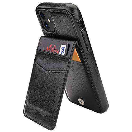 KIHUWEY 아이폰 11 케이스 지갑 with 신용 카드 Holder, 프리미엄 가죽 마그네틱, 자석 걸쇠 킥스탠드 내구성, 튼튼 Protective 커버 for 11 6.1 Inch(Black)